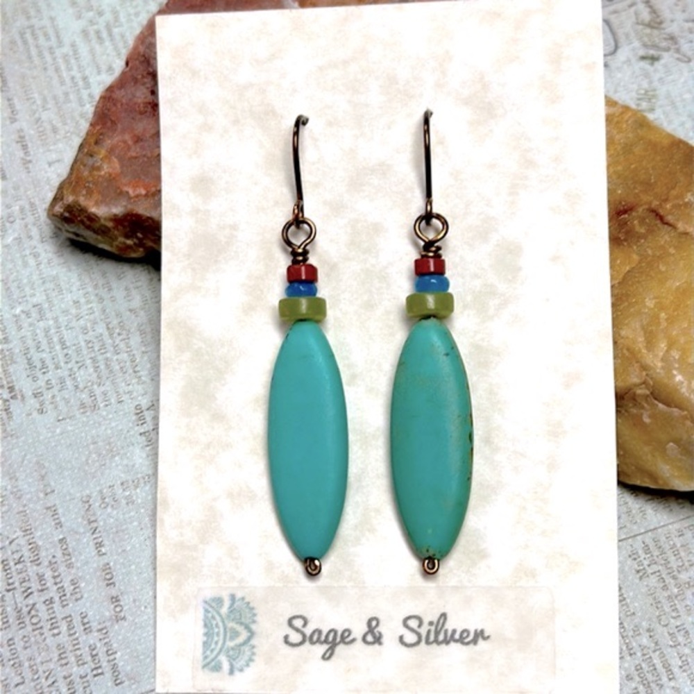 Big marquise shaped earrings turquoise, green , blue,& rust southwest boho soul